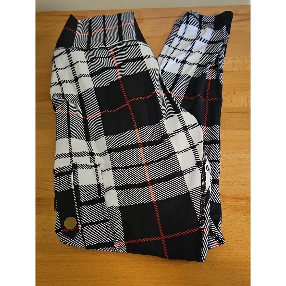 Minibeast XL Black & White Plaid Leggings with Red Stripe XL